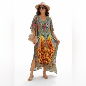 Vibrant Multicolor V-neck Kaftan Dress with rhinestones. One size. Sheer